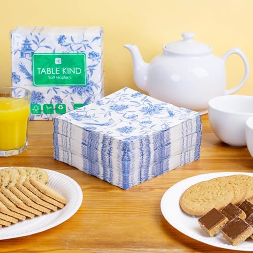 100 X Blue Floral Paper Napkins Disposable Blue Chinoiserie Napkins (100 Count)