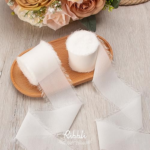 White Chiffon Ribbon 2 Inch x 20 Yard Handmade Fringe Chiffon Silk Ribbon White Ribbon for Gifts Wrapping (60 Foot)