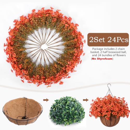 24 Pcs Artficial Outdoor Flowers with Hanging Baskets (2 Count)