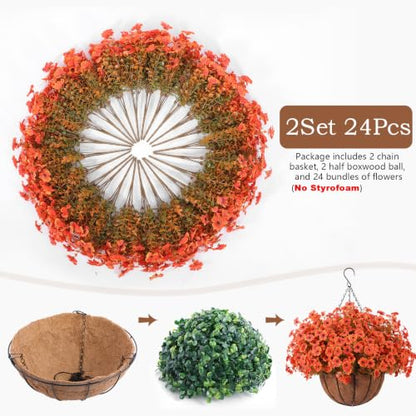 24 Pcs Artficial Outdoor Flowers with Hanging Baskets (2 Count)