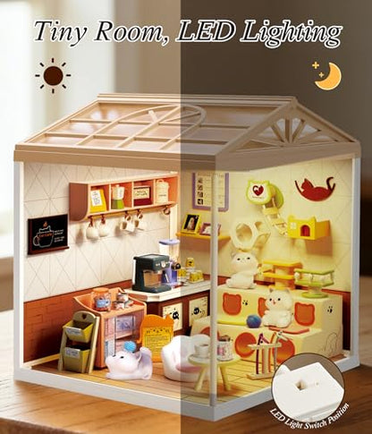 Cute Cat Cafe DIY Miniature House Kit with Roof & LED Light