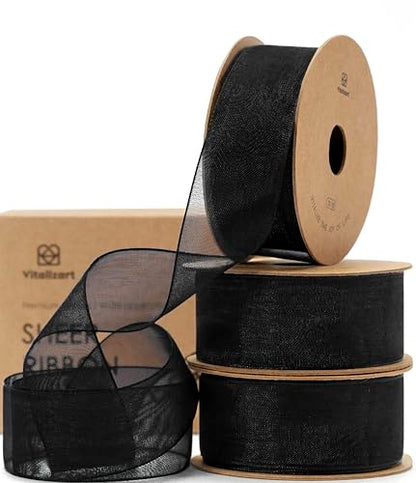 Black Organza Ribbon 1" x 30 Yd Sheer Ribbon for Gift Wrapping (3 Count)