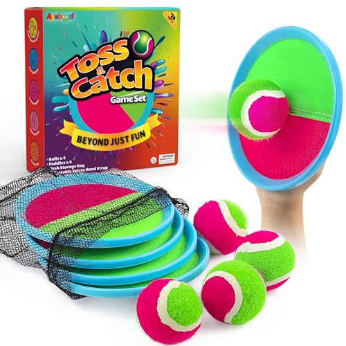 Toss and Catch Ball Set Boys Toys Outdoor Toys Yard Games Outside Games Beach Toys for Kids Ball and Catch Game with 4 Paddles and 4 Balls [Upgraded Version] (9 Count)