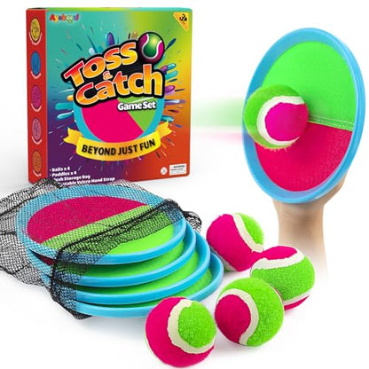 Toss and Catch Ball Set Boys Toys Outdoor Toys Yard Games Outside Games Beach Toys for Kids Ball and Catch Game with 4 Paddles and 4 Balls [Upgraded Version] (9 Count)