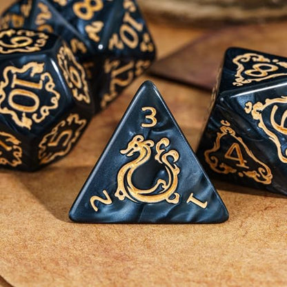 7 Die DND Dice Set Dragon Pattern Polyhedral Die with Leather Bag (7 Count)