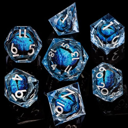 DND Resin Dice Dragon Eye Dice Liquid Core Blue Sharp Edged Dice Set with Gift Box
