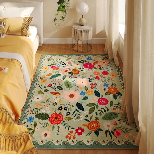 Bedroom Rug 3x5 Rug Washable Area Rug Non Slip Low Pile Boho Floral Small Carpet for Bedroom