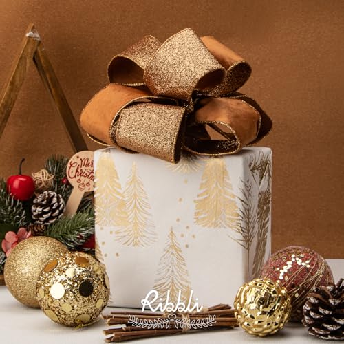 Burnt Orange Velvet Wired Ribbon 2.5 Inch Copper Velvet with Copper Glitter Christmas Ribbon for Christmas Tree Decoration Big Bow Gift Wrapping Crafts Wreaths Supplies (30 Foot)