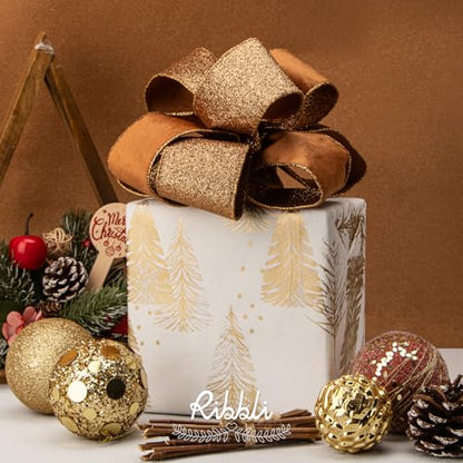 Burnt Orange Velvet Wired Ribbon 2.5 Inch Copper Velvet with Copper Glitter Christmas Ribbon for Christmas Tree Decoration Big Bow Gift Wrapping Crafts Wreaths Supplies (30 Foot)