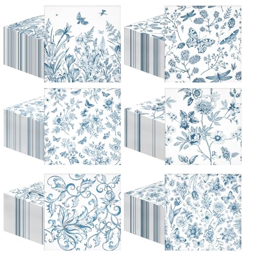 150 Pcs 10 x 10 Inch Blue Floral Paper Cocktail Napkins