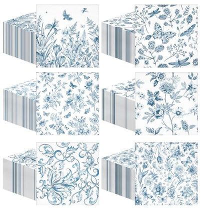 150 Pcs 10 x 10 Inch Blue Floral Paper Cocktail Napkins