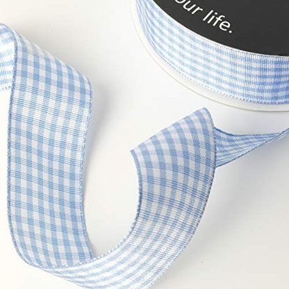 Light Blue Gingham Plaid Checked Ribbon 25 Yard Each Roll 100% Polyester (75 Foot)