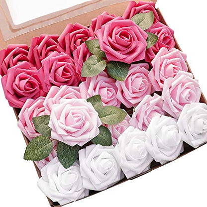Artificial Flowers 25pcs Real Looking Blush Pink Ombre Colors Foam Fake Roses with Stems for DIY Wedding Bouquets Bridal Shower Centerpieces Floral Arrangements Party Tables Home Decorations (25 Count)