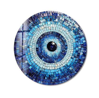 39,4''(100cm) Diameter Blue Mosaic Evil Eye Round Glass Wall Art Tempered Glass Printing Wall Decor Large Wall Art Wall Hangings