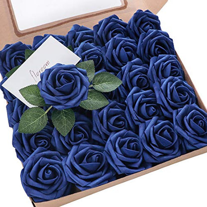 Artificial Flowers 25pcs Real Looking Royal Blue Foam Fake Roses with Stems for DIY Table Centerpieces Party Home Decorations (25 Count)
