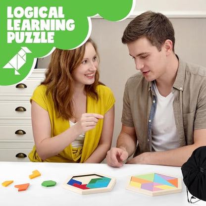 3 Pack Large Wooden Blocks Puzzles Hexagon Tangram Puzzle Wooden Russian Brain Puzzles for Adult Challenge Teasers Geometric Jigsaw Logic Iq STEM Educational Gift Graduation (3 Count)