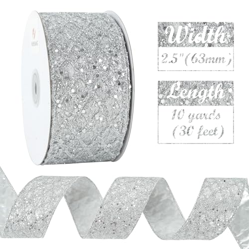 Silver Glitter Wired Christmas Tree Ribbon 2.5 inch x 10 Yards (30 Foot)