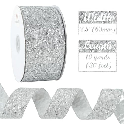 Silver Glitter Wired Christmas Tree Ribbon 2.5 inch x 10 Yards (30 Foot)