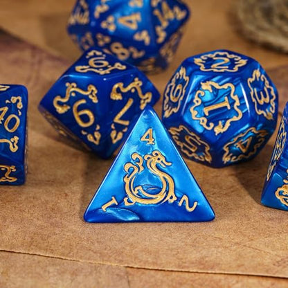 7 Die DND Dice Set Dragon Pattern Polyhedral Die with Leather Bag (7 Count)