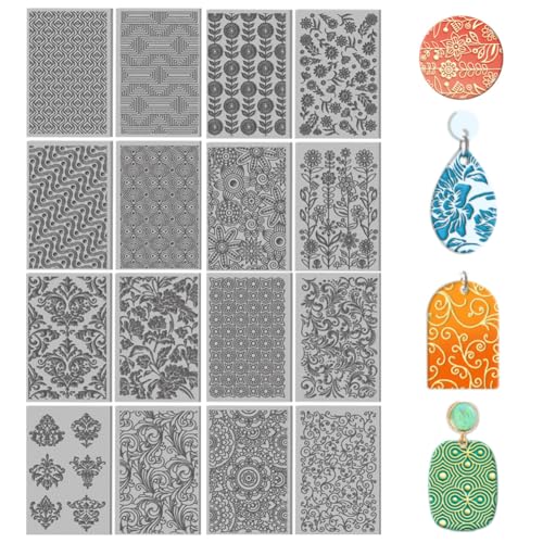 16 Sheets Artistic Flowers Clay Texture Mat Geometric Pattern Polymer Clay Texture Sheets DIY Tools for Pottery Earring Jewelry Making Stamp Engraving Machines