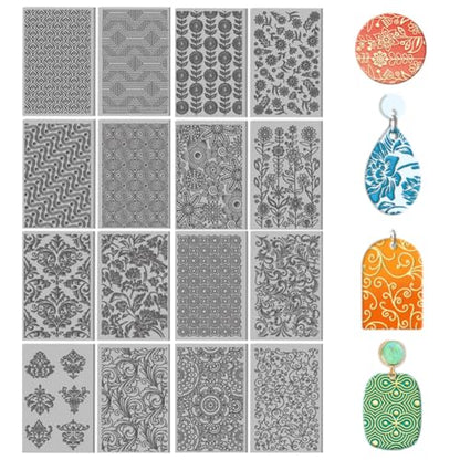 16 Sheets Artistic Flowers Clay Texture Mat Geometric Pattern Polymer Clay Texture Sheets DIY Tools for Pottery Earring Jewelry Making Stamp Engraving Machines