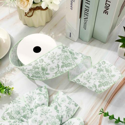 Floral Wired Edge Ribbon Roll Green Flower Chinoiserie Fabric Ribbon for Wreath Bow Making DIY Crafts Gift Wrapping