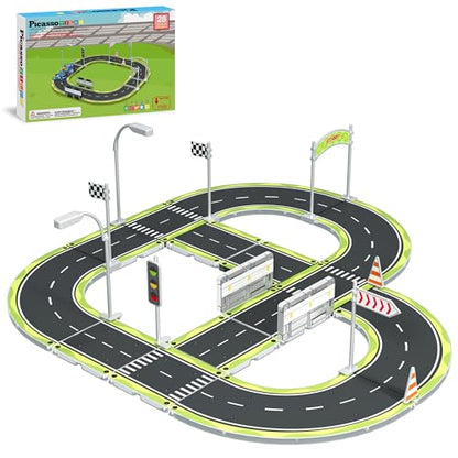 Magnet Tile Building Block Construction Toy Set Street Sign Traffic Kit Highway Road Race Track with Bumper Barricade Accessory Sticker Education Magnetic Tiles Kids Age 3+ PTR03