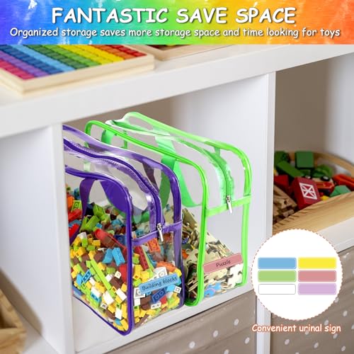6 Colors Large Toy Storage Bags Reusable Clear Toy Organizer with Labels (6 Count)