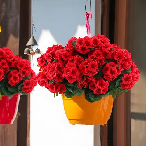 24 Pcs Artificial Geranium Flowers for Outdoors Geranium Silk Red Flowers Outdoor UV Resistant Garden Plants Faux Flower for Christmas Home Kitchen Table Centerpieces Decor