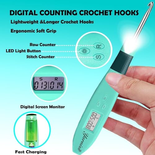 18 Size Counting Crochet Hooks Set with Light Handle 2.0mm~14.0mm (18 Count)