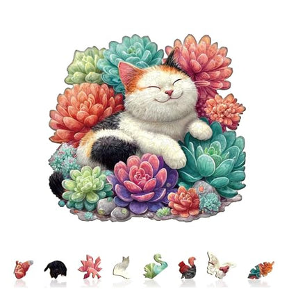 Dreamy Succulents Cat Puzzles Adults Gifts for Women Men Wooden 100 Pieces 8.5 x 8.0in