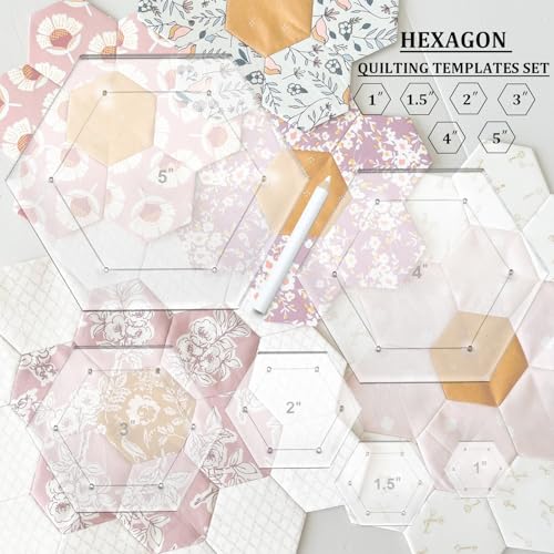 7 Pieces Hexagon Quilting Template with Tailors Chalk Pencil (7 Count)