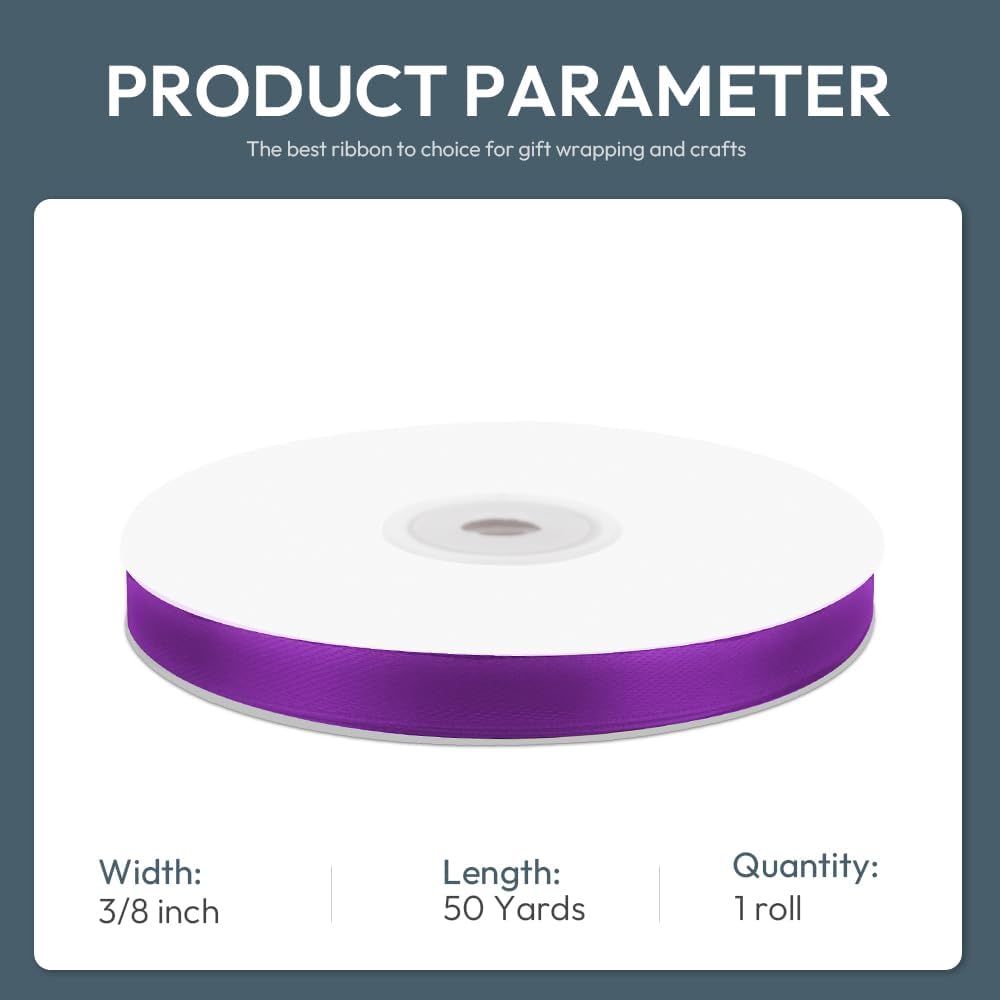 KMER LIFE 3/8" Wide x 50 Yards Purple Single Faced Polyester Satin Ribbon, Purple Satin Ribbon Perfect for Wedding Decor, Wreath, Crafts, Gift Wrapping & Other Projects (Purple) - Crafty Corner