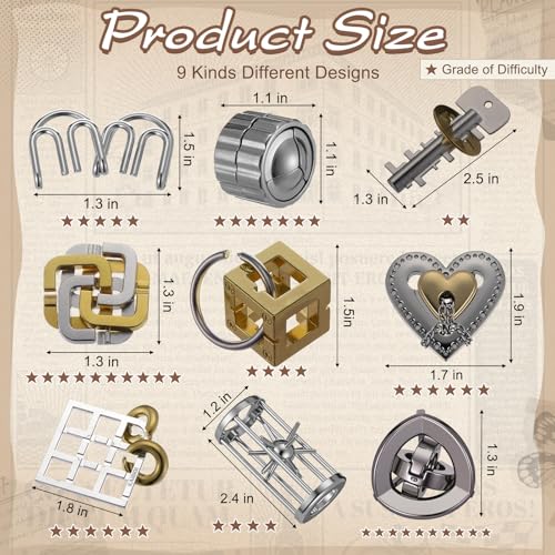 9 Pcs Metal Brain Teasers 3D Steel Puzzle Set (9 Count)