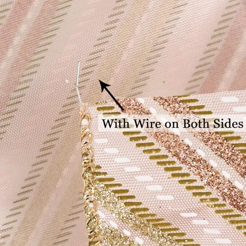 Pink Diagonal Striped Ribbon 2.5 Inch Blue Satin with Rose Gold and Champagne Glitter Wired Ribbon for Christmas Tree (30 Foot)