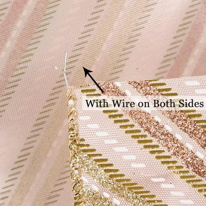 Pink Diagonal Striped Ribbon 2.5 Inch Blue Satin with Rose Gold and Champagne Glitter Wired Ribbon for Christmas Tree (30 Foot)