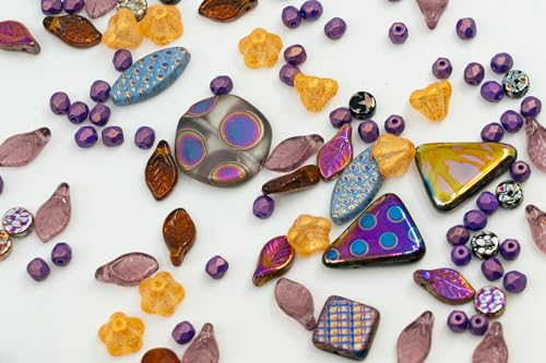 1.4oz (40g) Limited Mix of Czech Glass Beads, Hand Made Set Kit, Purple Fantasy Golden Bell Flowers