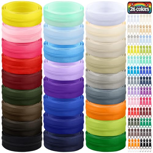 28.6 Yards 26 Pieces Sewing Zippers #3 Nylon Coil Zippers Assorted Zipper for Sewing with 104 Zipper Sliders for DIY Tailor Sewing Crafts Supplies (26 Count)