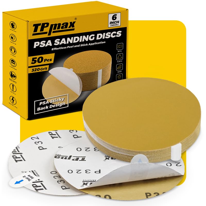 6-Inch 320-Grit Gold PSA Sanding Discs, 50 Pack – Pro-Grade Self-Adhesive Stickyback Sandpaper with Quick-Release Tabs for DA Sander, Ultra-Fine Automotive/Wood/Metal Sanding (50 Count)