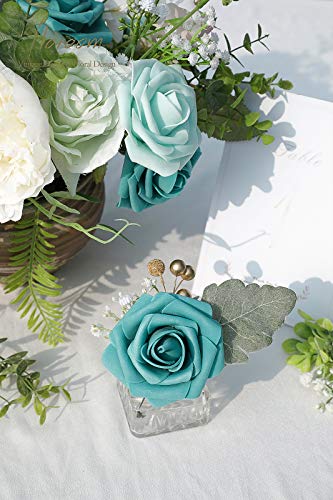 Artificial Flowers 50pcs Real Looking Teal Green Foam Fake Roses with Stems for DIY Wedding Bouquets Bridal Shower Centerpieces Floral Arrangements Party Tables Home Decorations (50 Count)