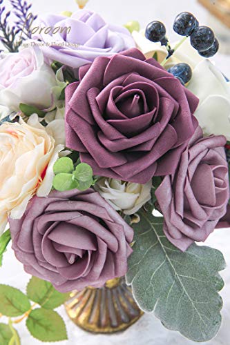 Artificial Flowers 25pcs Real Looking Plum Foam Fake Roses with Stems for DIY Wedding Bouquets Bridal Shower Centerpieces Floral Arrangements Party Home Decorations (25 Count)