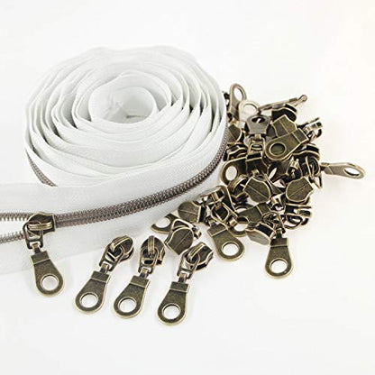 5 Antique Brass Metallic Nylon Coil Zippers by The Yard Bulk 10 Yards White Tape with 25pcs Antique Brass Sliders for DIY Sewing Tailor Craft Bag