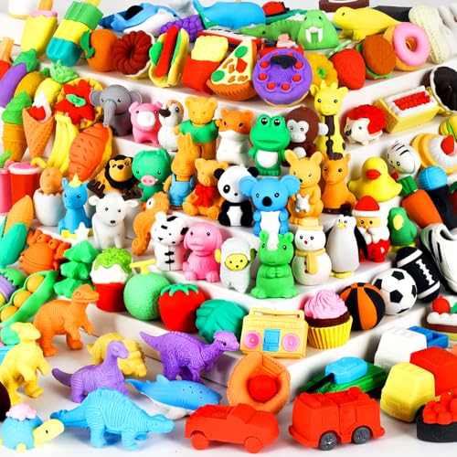 110Pcs Animal Erasers Kids Desk Pets Pencil Erasers 3D Puzzle Eraser Bulk Mini Animal Food Toys Fun Cute Eraser for Classroom Rewards (110 Count)