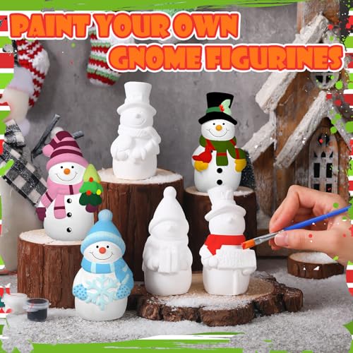 6 Sets Ceramic Snowman Gnomes DIY Paint Kit Winter Figurines (6 Count)