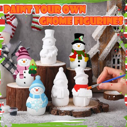 6 Sets Ceramic Snowman Gnomes DIY Paint Kit Winter Figurines (6 Count)