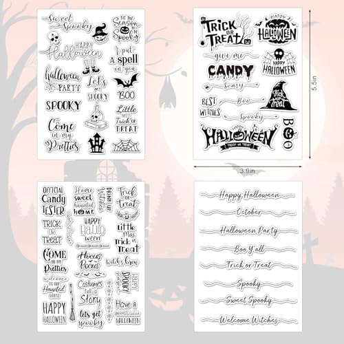 4 Sheets Halloween Clear Stamps Greeting Words Pumpkin Bat Silicone Transparent Stamps Happy Halloween Stamp Cards for DIY Crafts Card Making Scrapbooking Embossing Album Decor (4 Count)