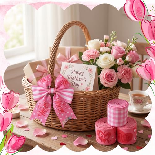 12 Rolls Mother's Day Wired Edge Ribbon for Wreaths 2 Inch x 60 Yards Pink Burlap Stripe Ribbons Happy Mother's Day Love You Mom Floral Decorative for Bow Wreath DIY Craft Gift Wrapping Decor (12 Count)