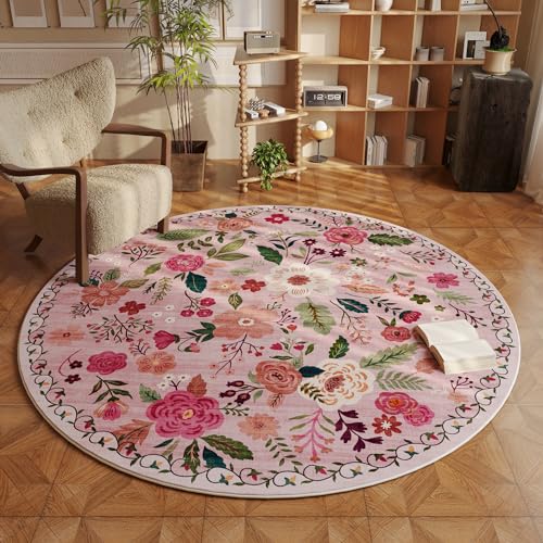 Round Rug 4ft Washable Circle Rug Non Slip Low Pile Boho Floral Small Circular Rug for Bedroom