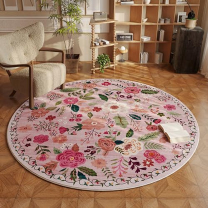 Round Rug 4ft Washable Circle Rug Non Slip Low Pile Boho Floral Small Circular Rug for Bedroom