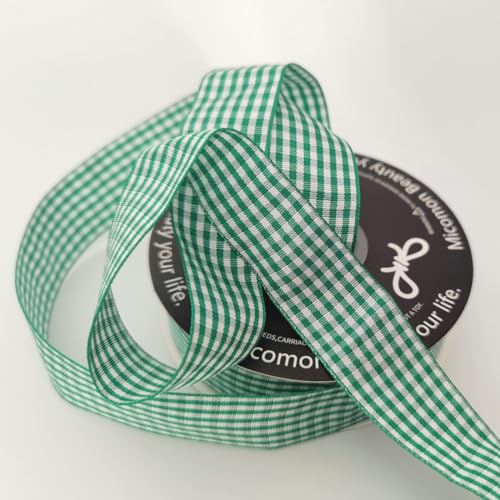 Green and White Woven Edge Plaid Ribbon 100% Polyester Gingham Ribbon 25 Yards Each Roll (75 Foot)